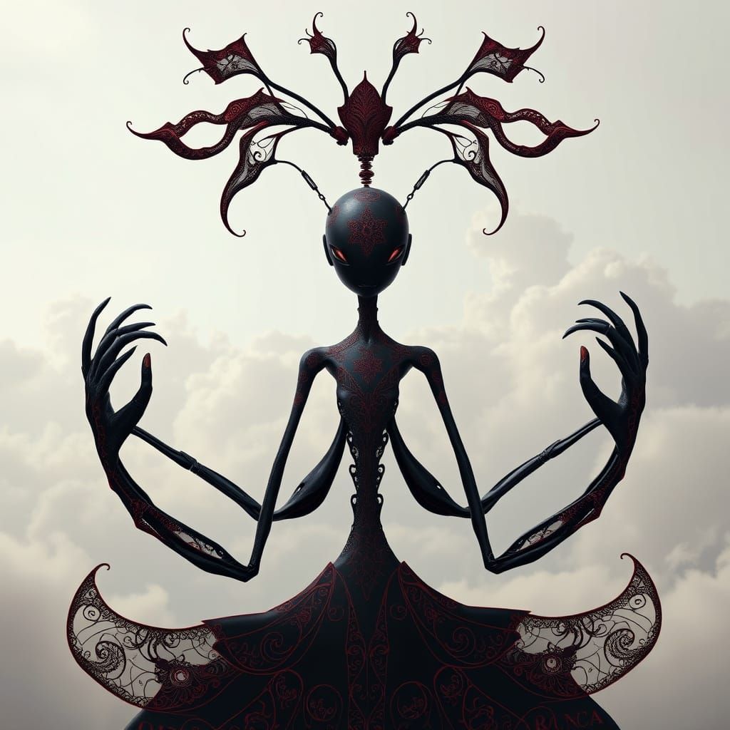Surreal Android Bloom in Dark Futuristic Landscape
