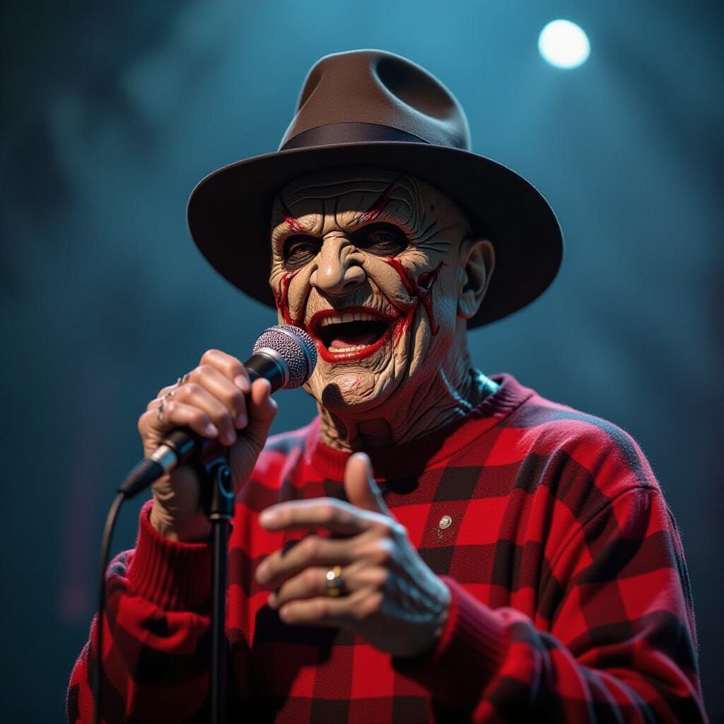 Freddy Kruger Sings Into Microphone