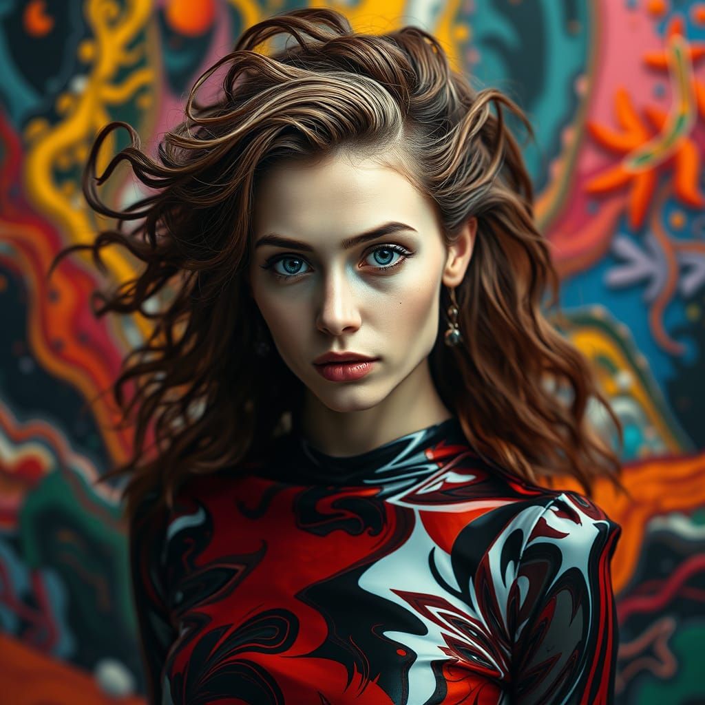 Woman in Mondriaan Dress Amidst Abstract Colors