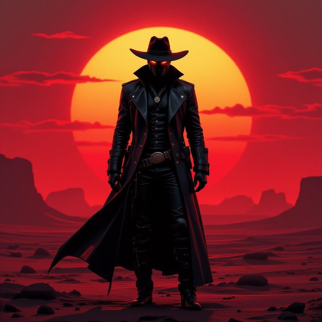 Cyberpunk Cowboy Silhouette on Alien Planet at Sunset