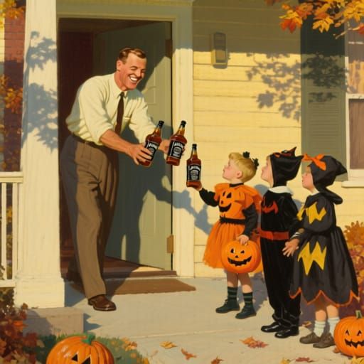 Halloween Night: Man Hands Out Drinks at Suburban Door