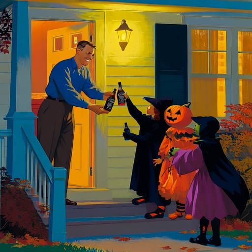 Man Hands Out Halloween Treats at Suburban Doorstep