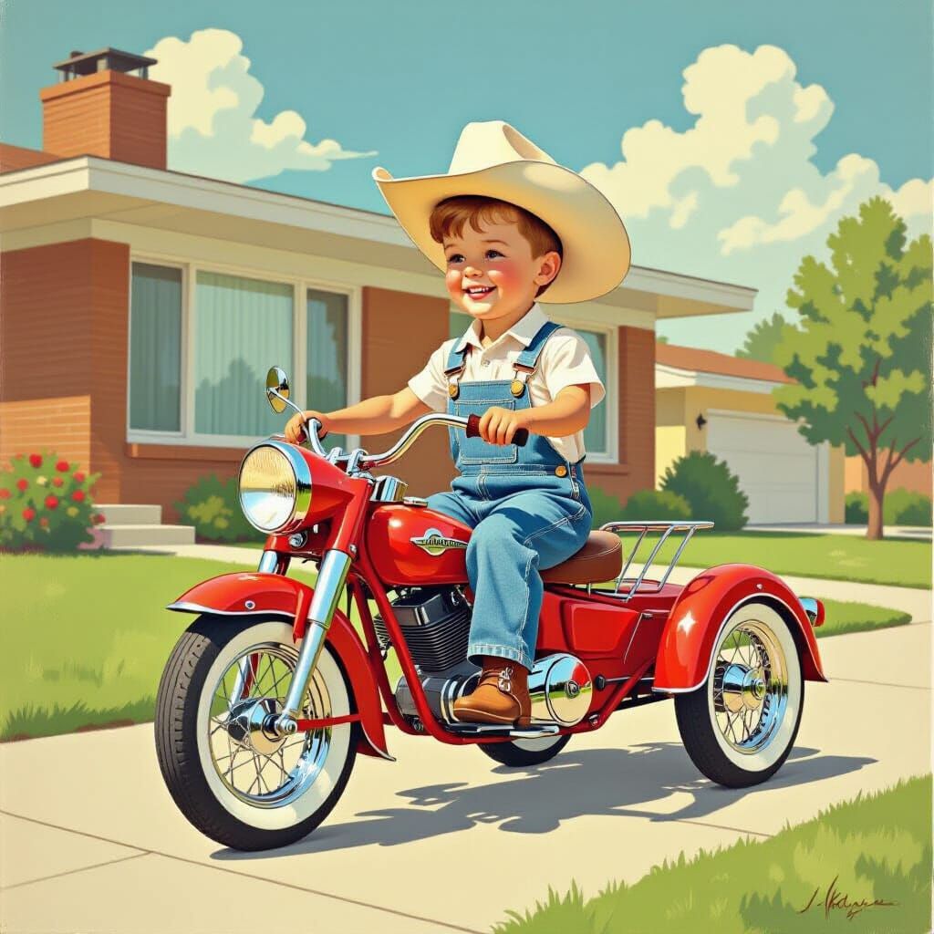 Vintage Tricycle Ride in Gouache Style