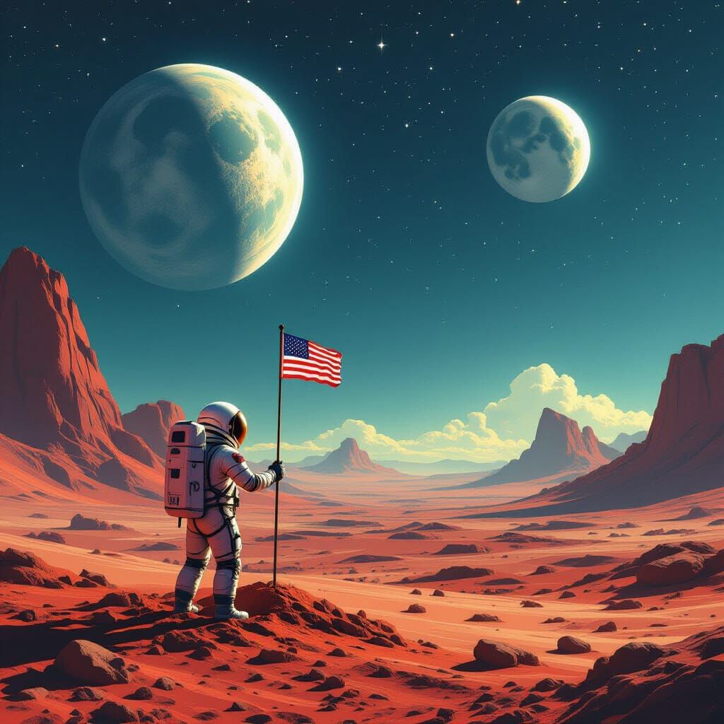 Astronaut Plants Flag on Alien World with Two Moons
