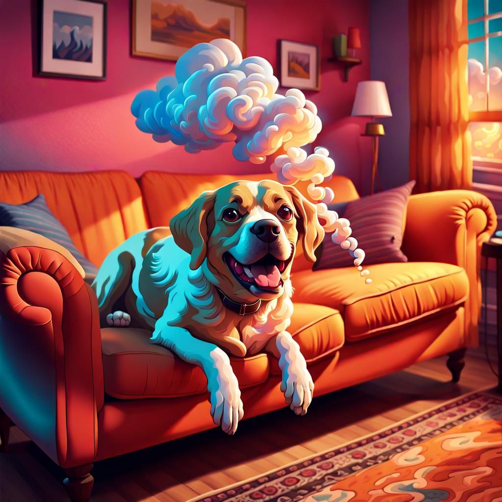 Cartoon Dog Farting on Couch: Digital Art
