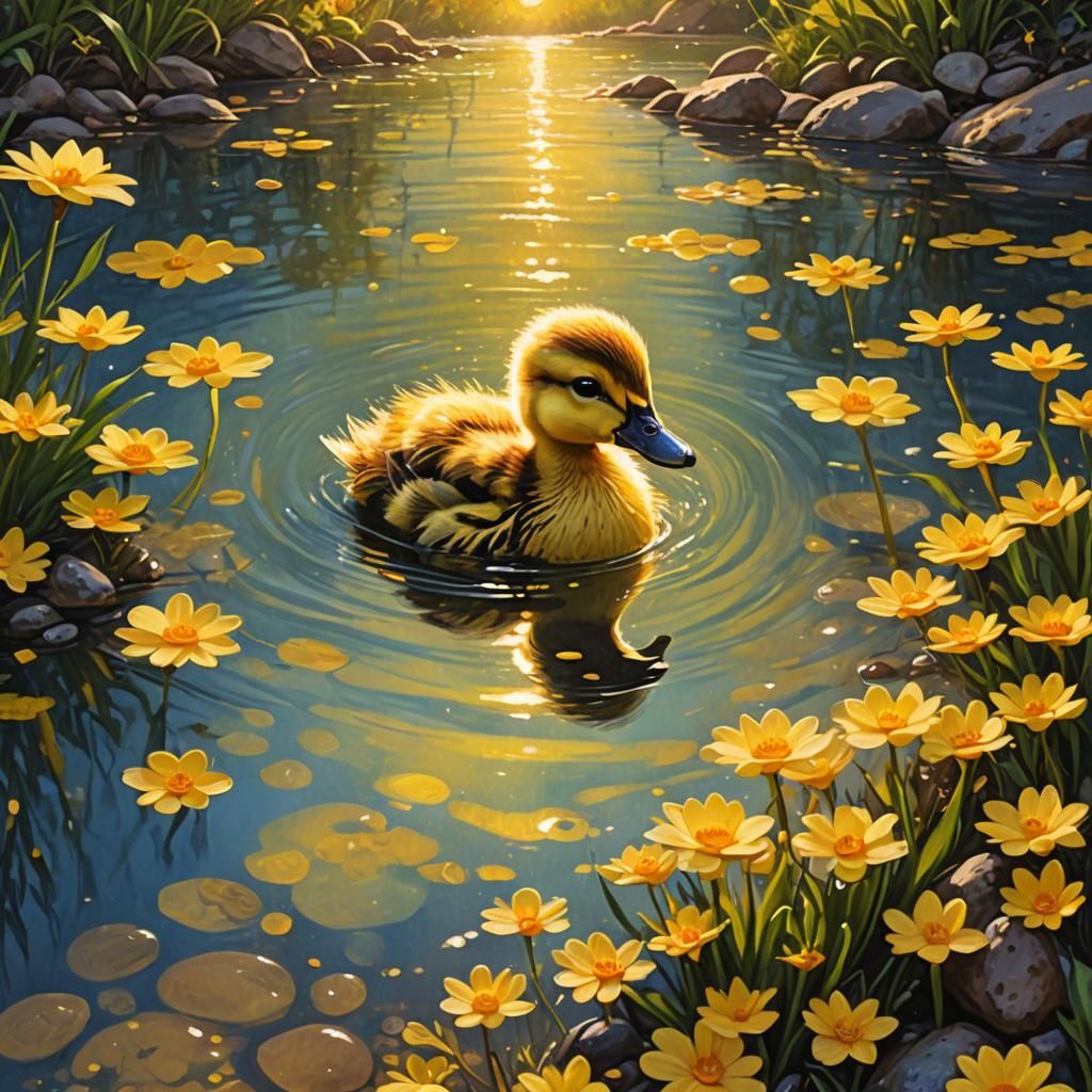 Duckling in Enchanted River: Oil Painting by Gurney
