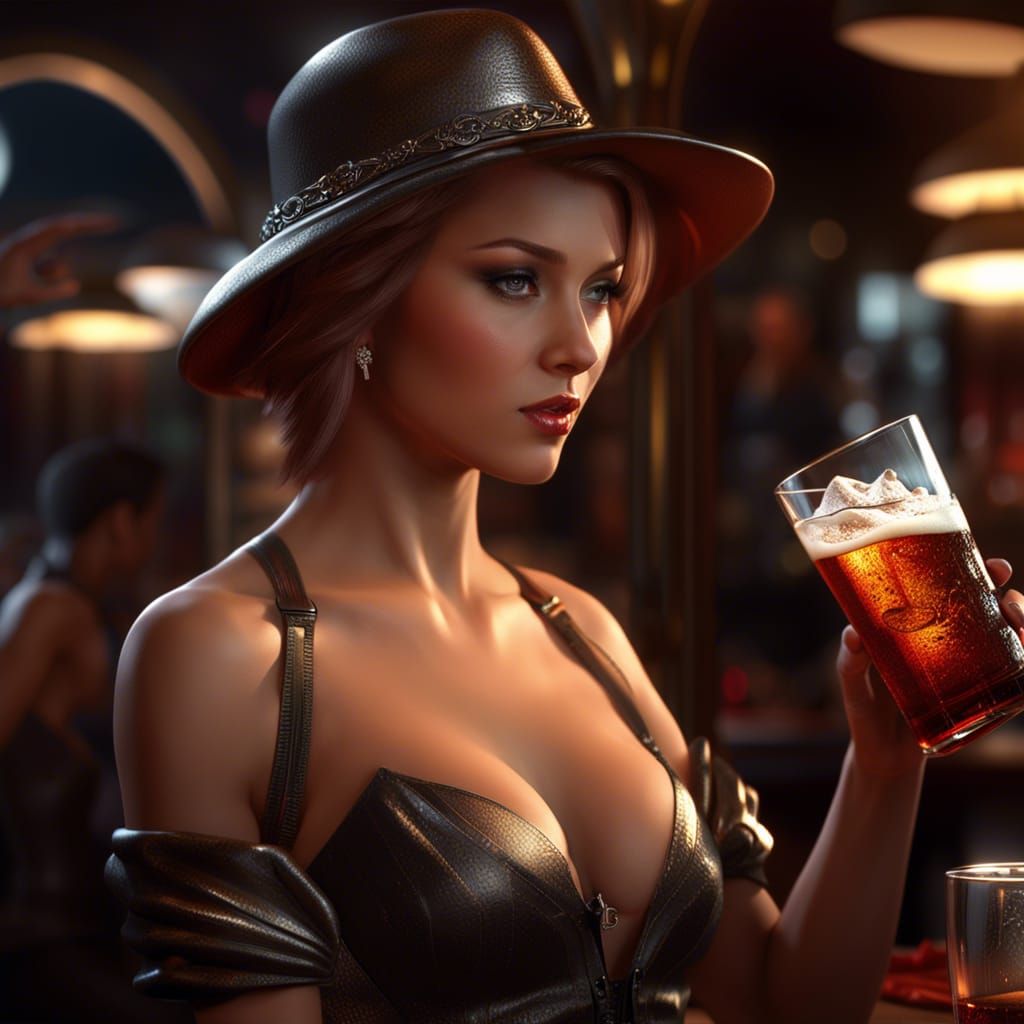 Hot bombshell drinks rootbeer in bar