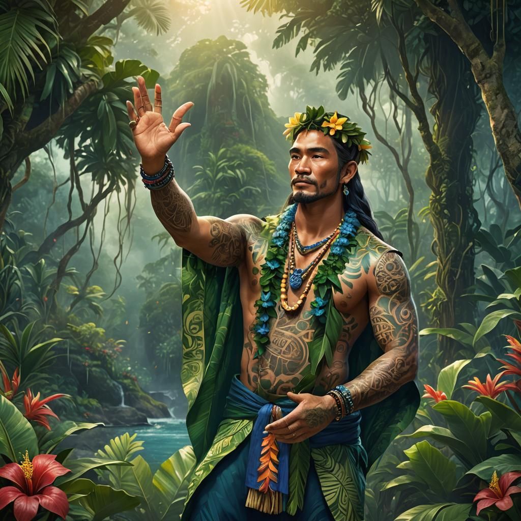 Mystical Hawaiian Kahuna Invocation in Lush Jungle