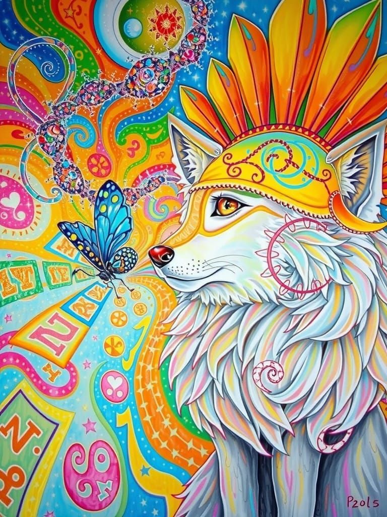 Wolf in Whimsical Tambourine Headdress Amidst Cosmic Vortex