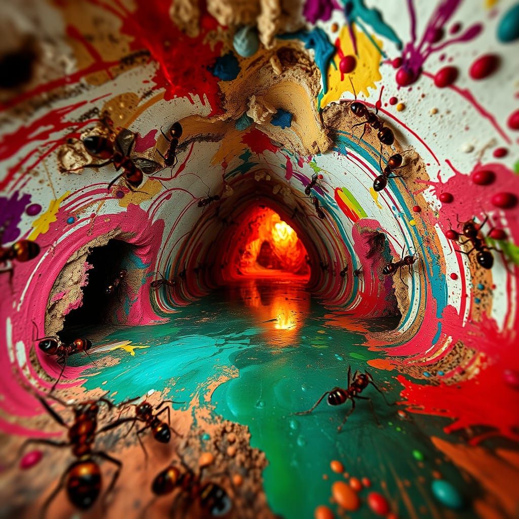 Surreal Ant Hill Scene in Vibrant Splash Painting Style