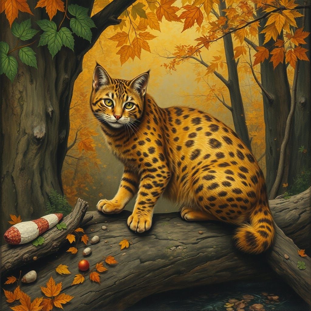 Wild Forest Cat on Autumn Ford in Bilibin and Snyders Style