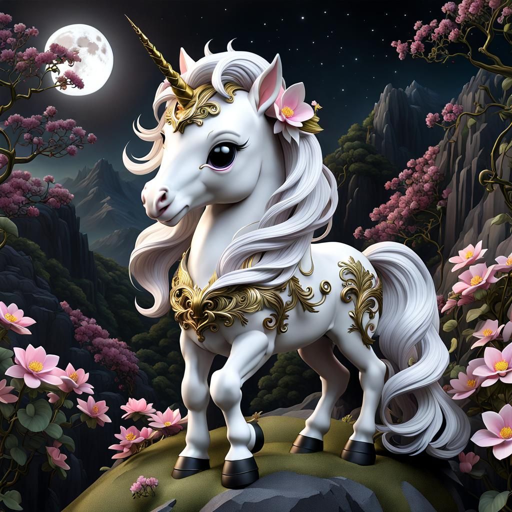 Pink Chibi Unicorn in Moonlight, Digital Baroque Style