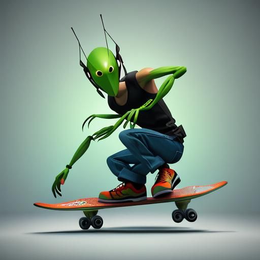 Skateboarding Praying Mantis in Cartoon 3D Art