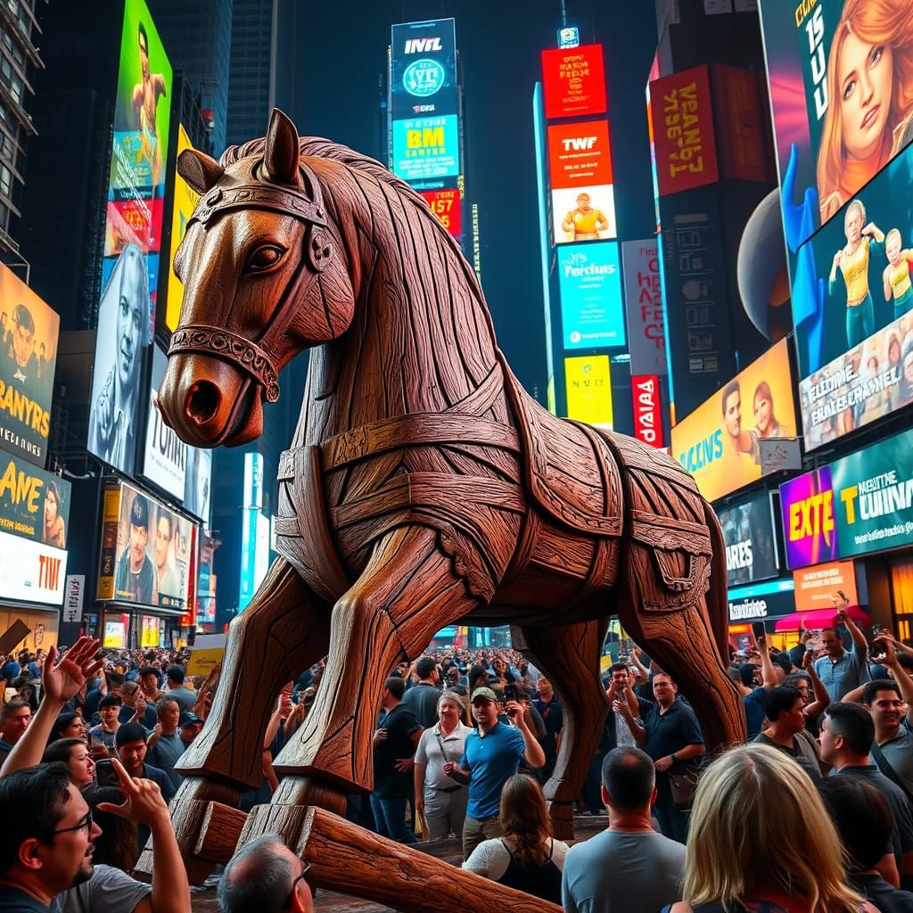 Majestic Wood Trojan Horse in Neon Times Square