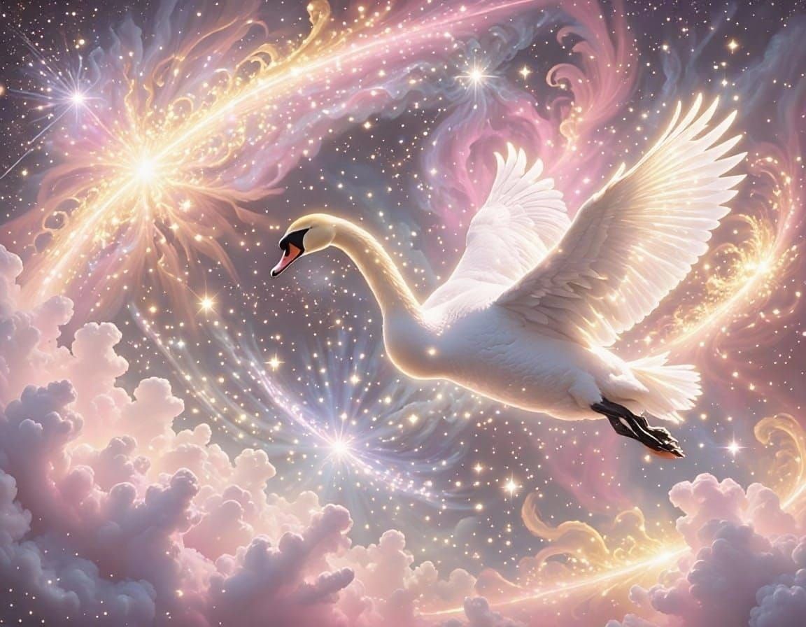 Ethereal Swan Gliding Through Cosmic Nebula