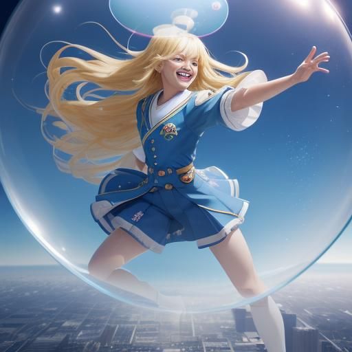 Laughing Blonde in Bubble: Detailed 3D Anime Art
