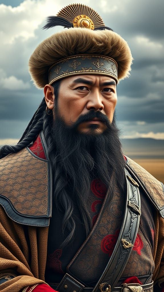 Majestic Genghis Khan Portrait in Traditional Mongolian Atti...
