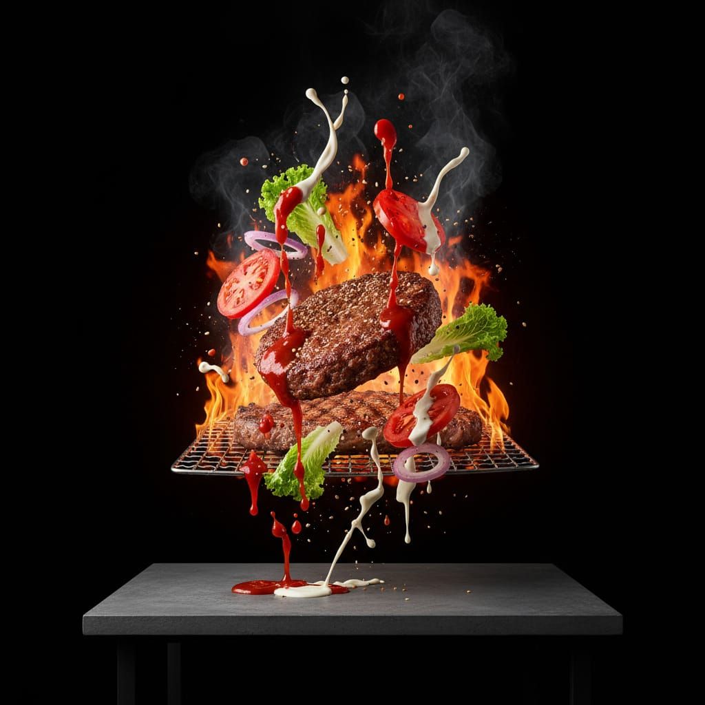 Flying Burger with Ketchup and Toppings