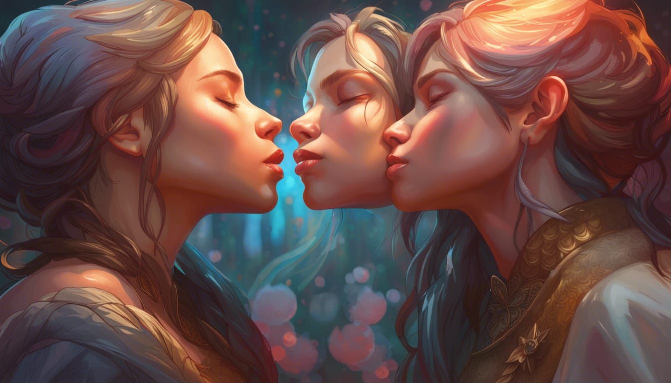Two Girls Kissing: Hyperdetailed Artstation Portrait