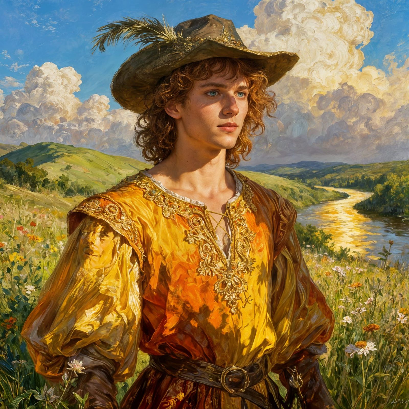 Young Man in Ornate Summer Fantasy Outfit