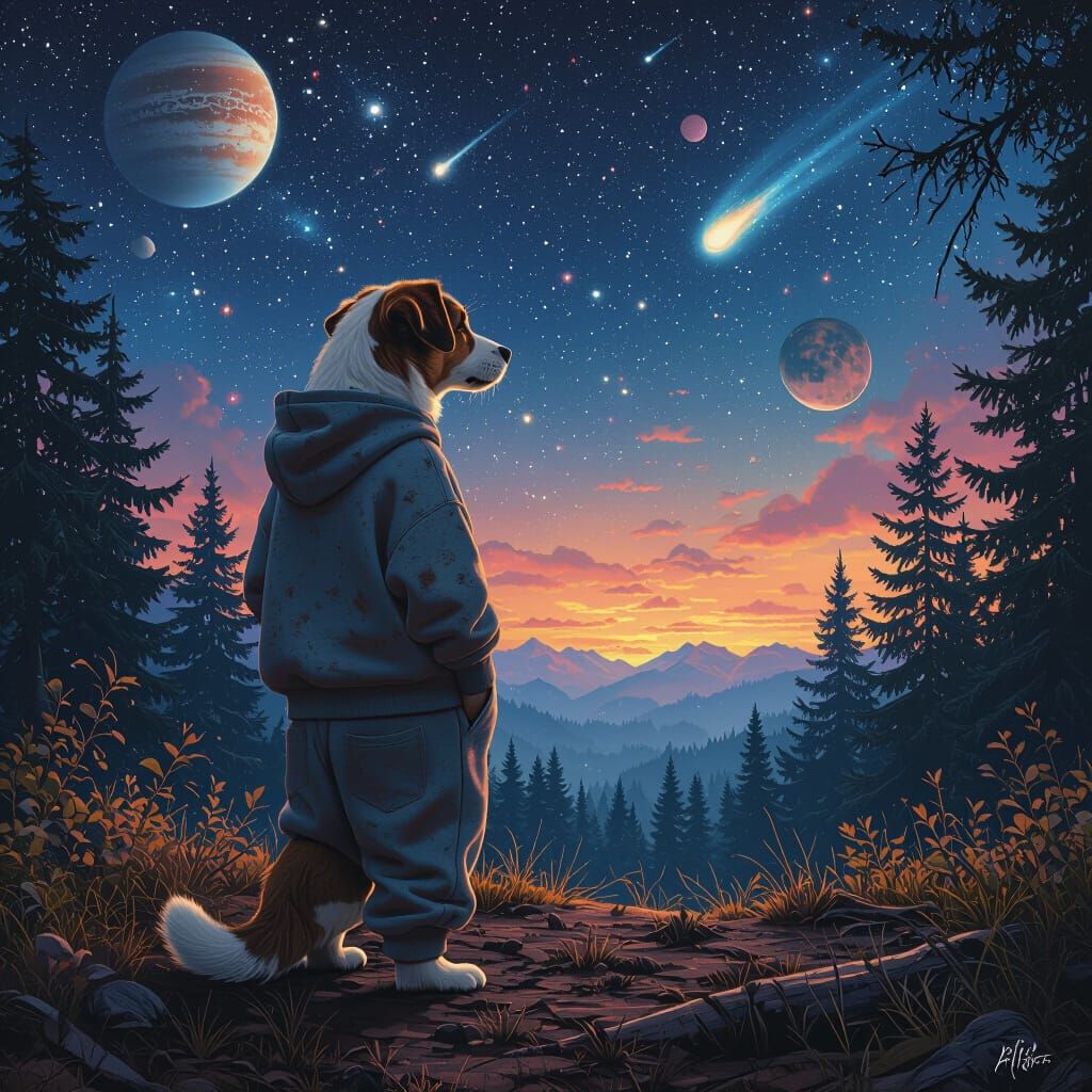 Dog Contemplates Colorful Universe in Hyper-Realistic Digita...