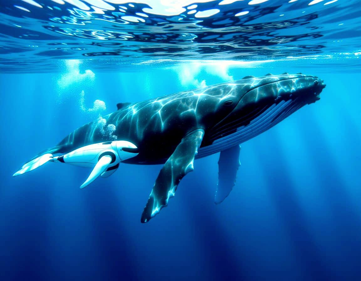 Elegant Robot Swims With Giant Whale Underwater