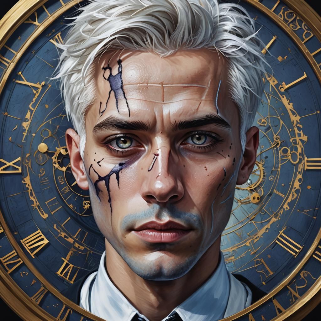 Hyperrealistic Portrait with Clock Mask in 8K