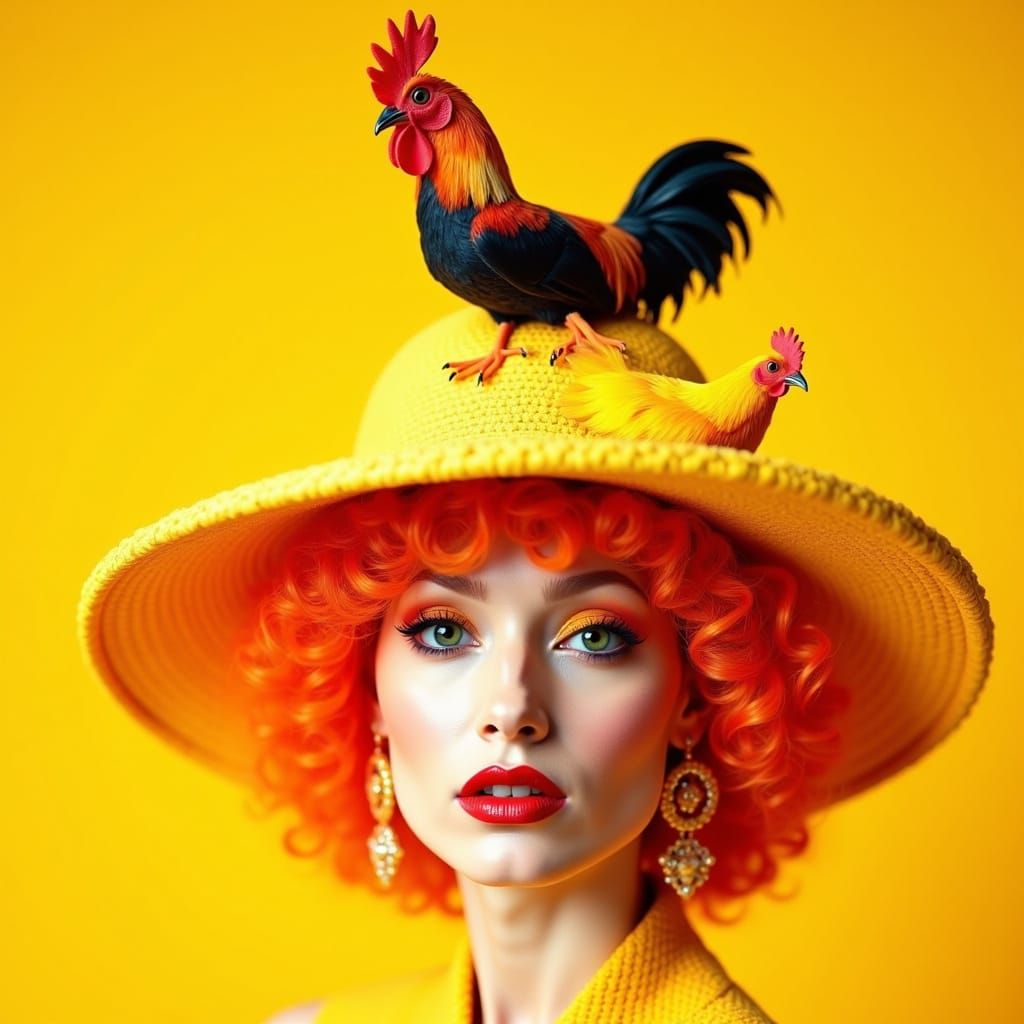 A yellow hat with a chicken perched on top