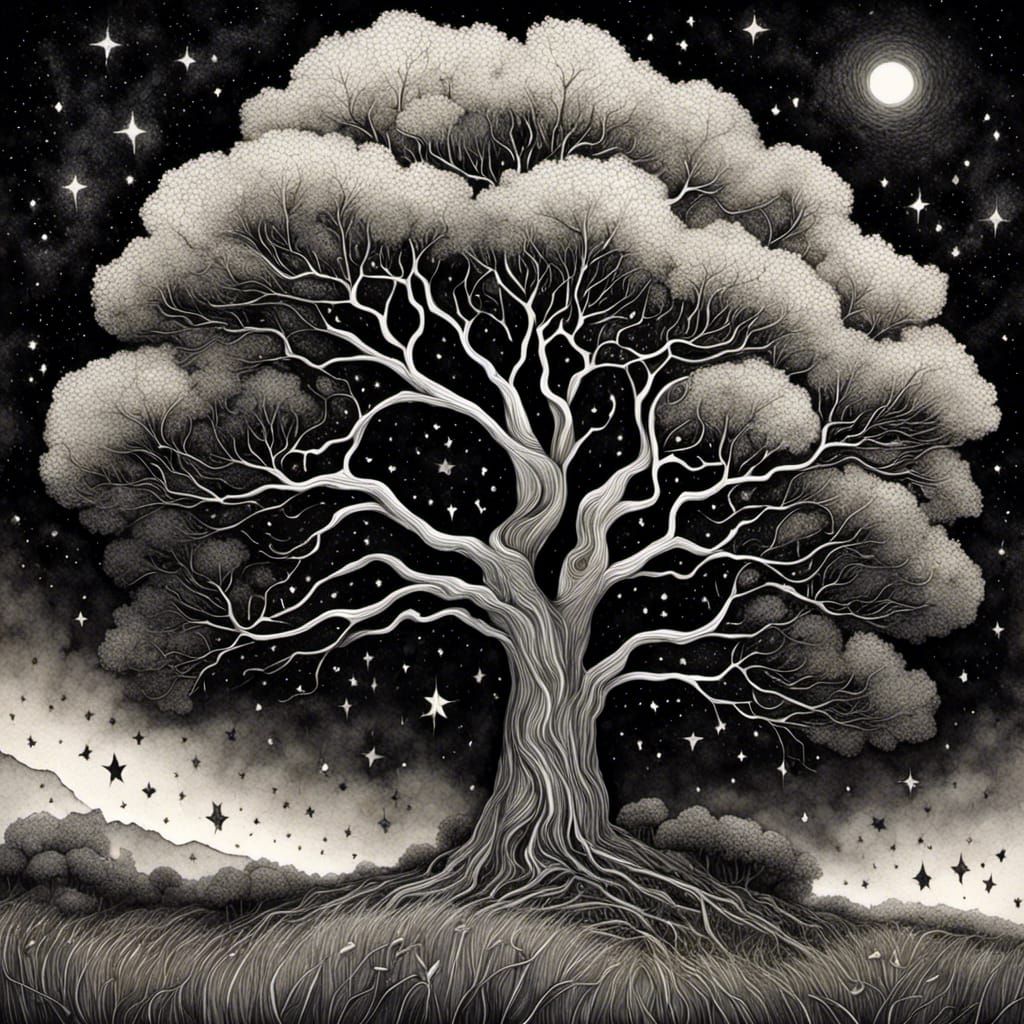Oak Tree Ink Drawing with Stars