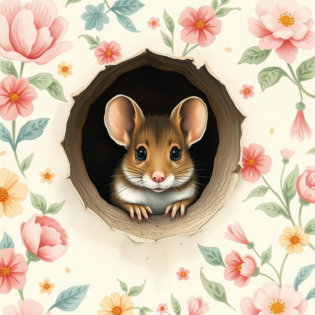 Shy Mouse Peeking Out, Watercolor Art