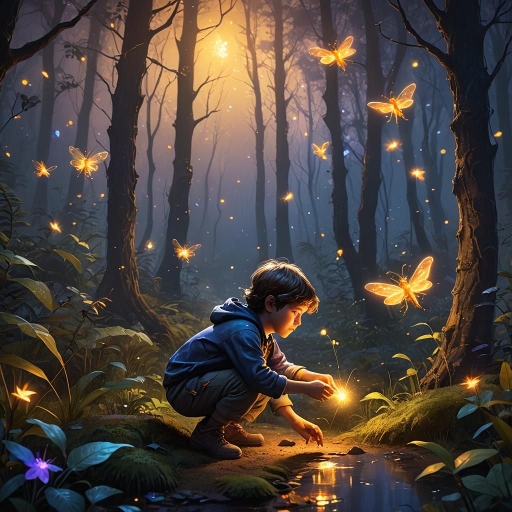 Enchanting Night Forest Scene with Firefly, Fantasy Art