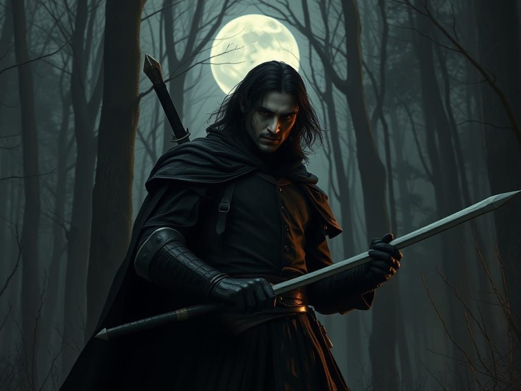 Medieval Vampire Hunter Van Helsing in Moonlit Forest
