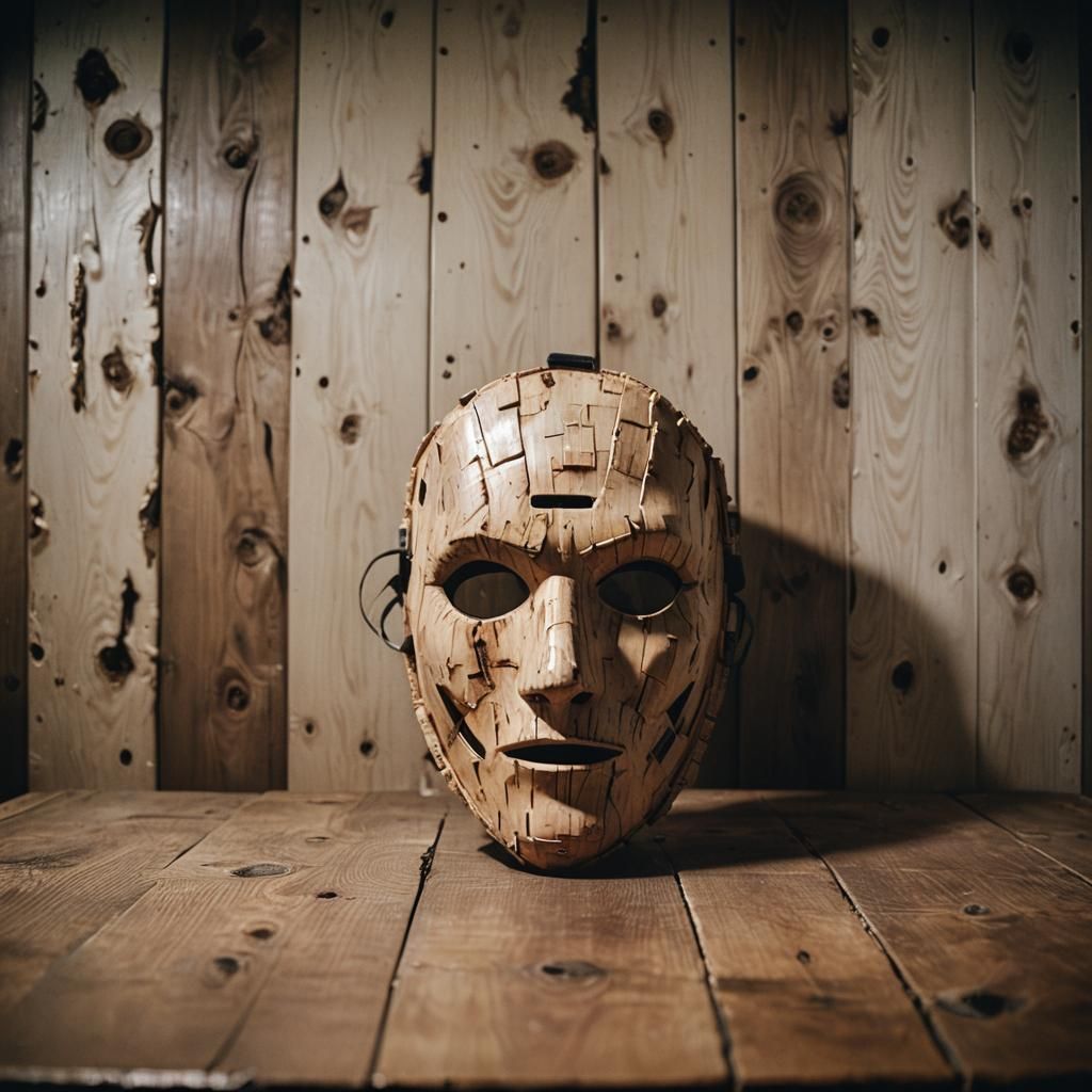 Birch Mask in Cabin: Cinematic Film Still
