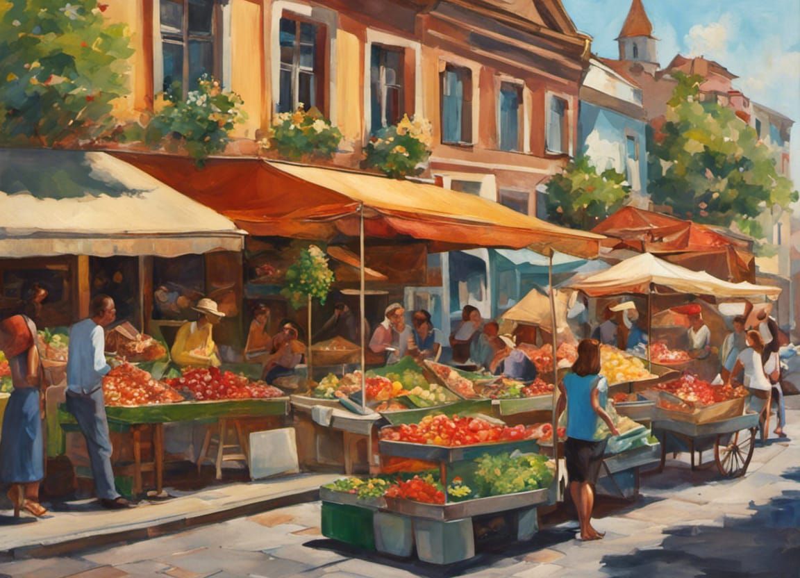 Vibrant Farmers' Market Illustration in Fantasycore Style