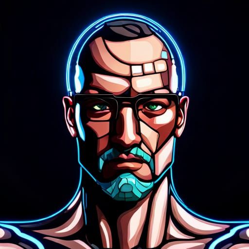 Cyberpunk Man Head in Stained Glass Style