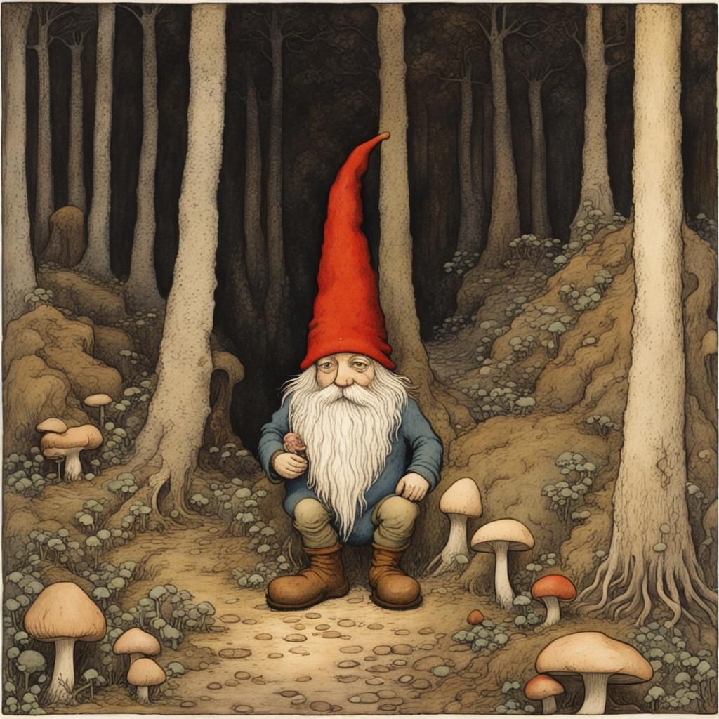 Gnome in Woods with Mushrooms, Fairy Tale Illustration