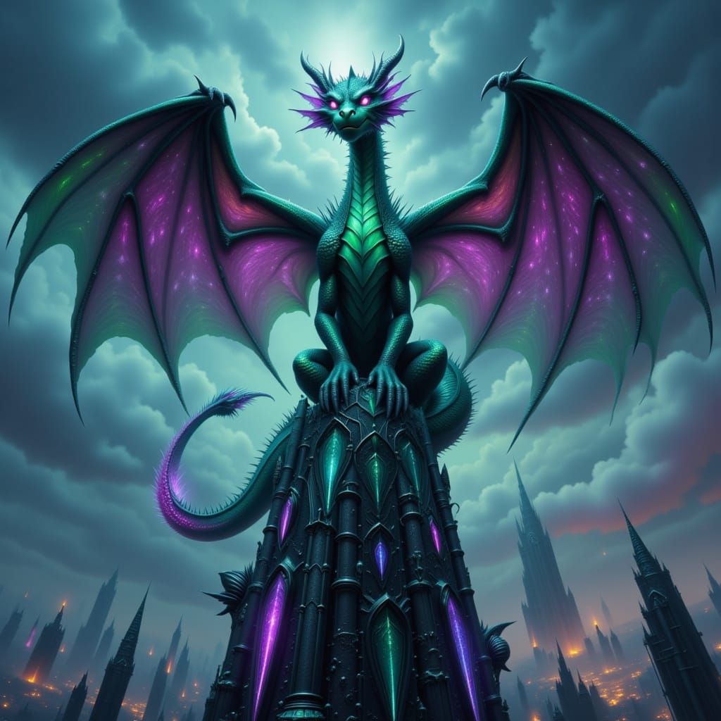 Emerald Dragon on Cyberpunk Skyscraper