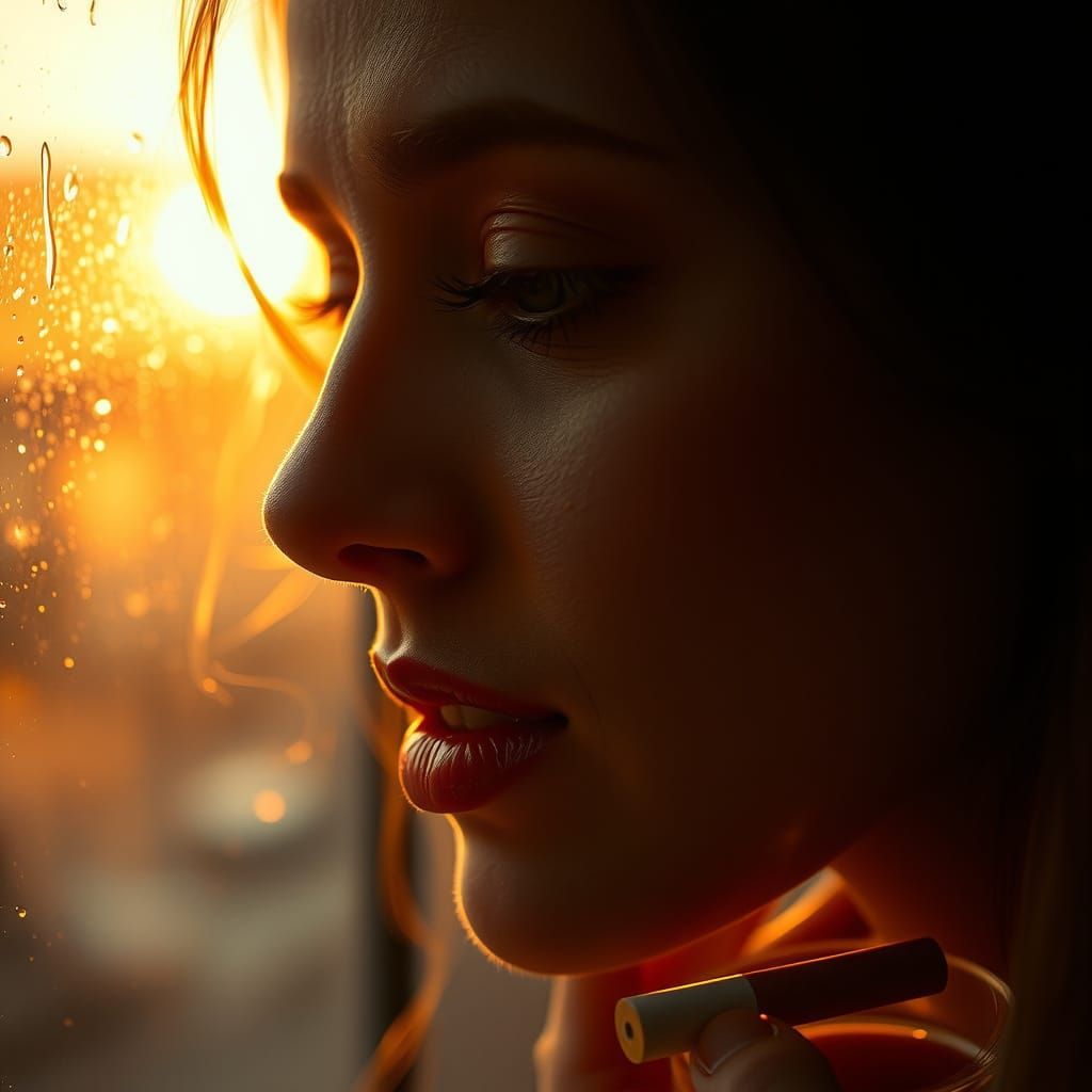 Golden Hour Woman's Face, Hyperrealistic Portrait in Soft Fo...