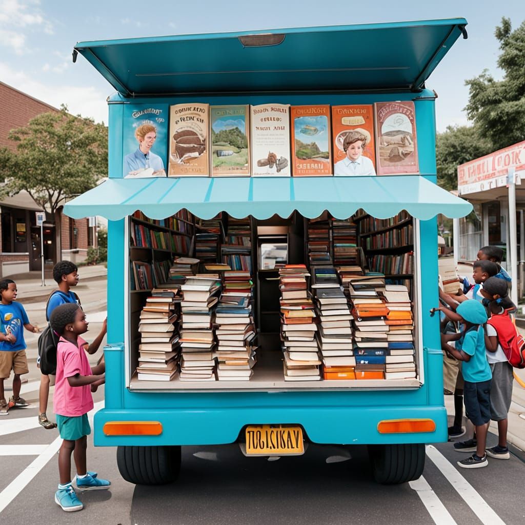 Joyful Kids Receive Free Books from Colorful Bookmobile