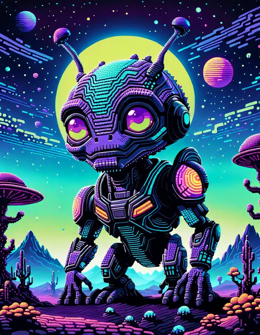 Neon Alien on Distant Planet in 8-bit Pixel Art