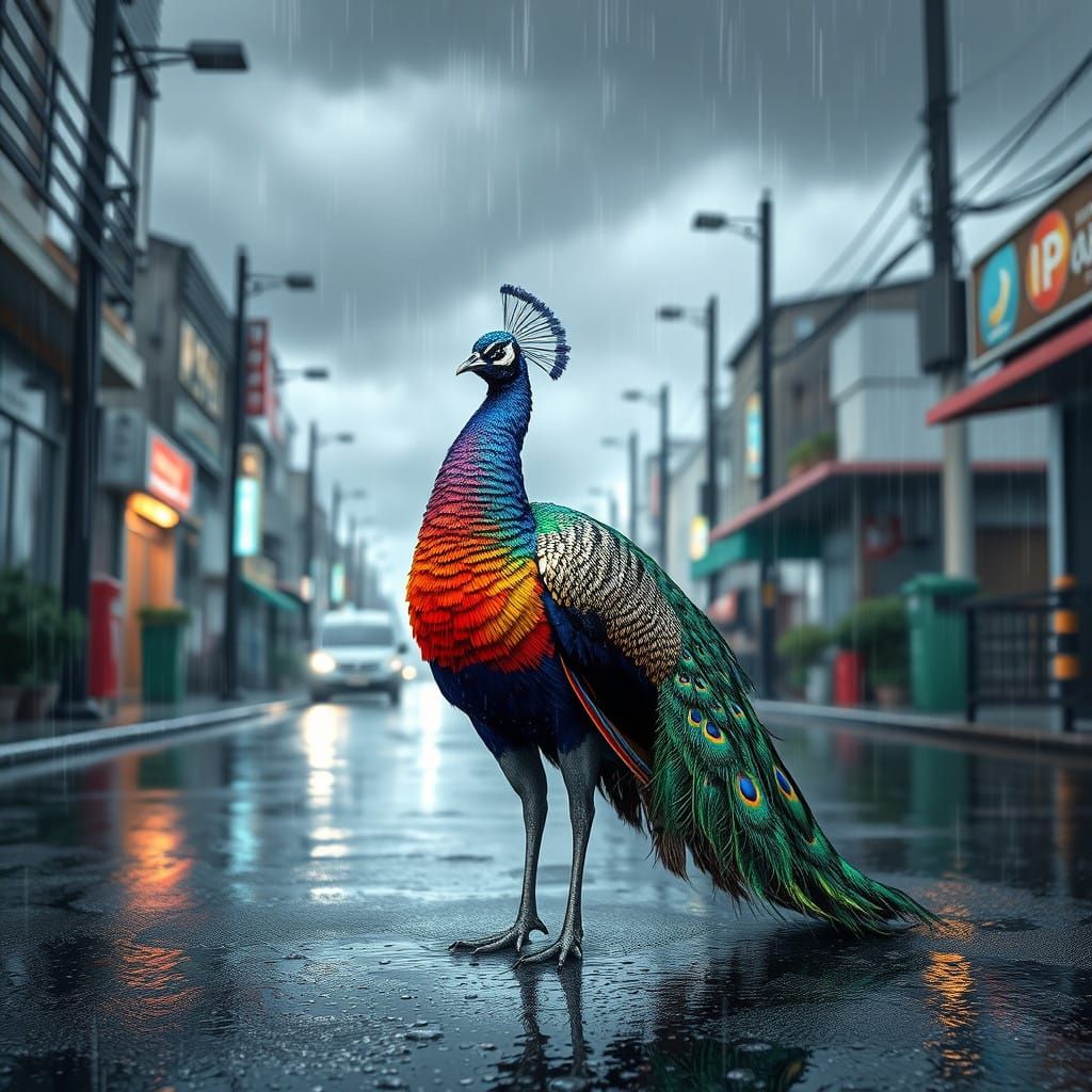 Vibrant Peacock in Rainy City