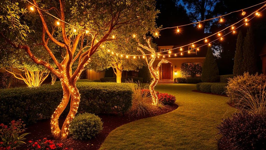 Golden Lit Garden at Night with String Lights