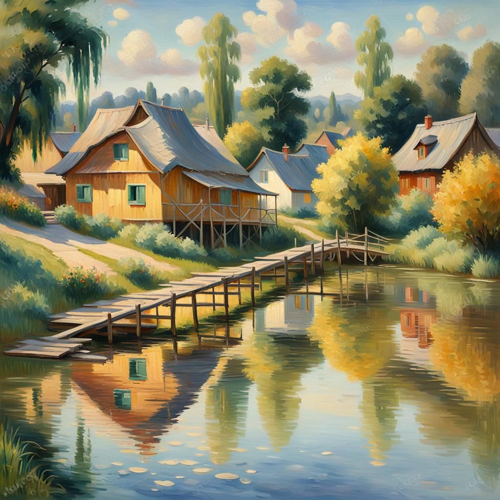 Idyllic Village Reflected in Lake, Impressionist Oil Paintin...