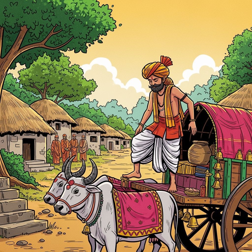 Indian Merchant in Village: Hand-Drawn Cartoon