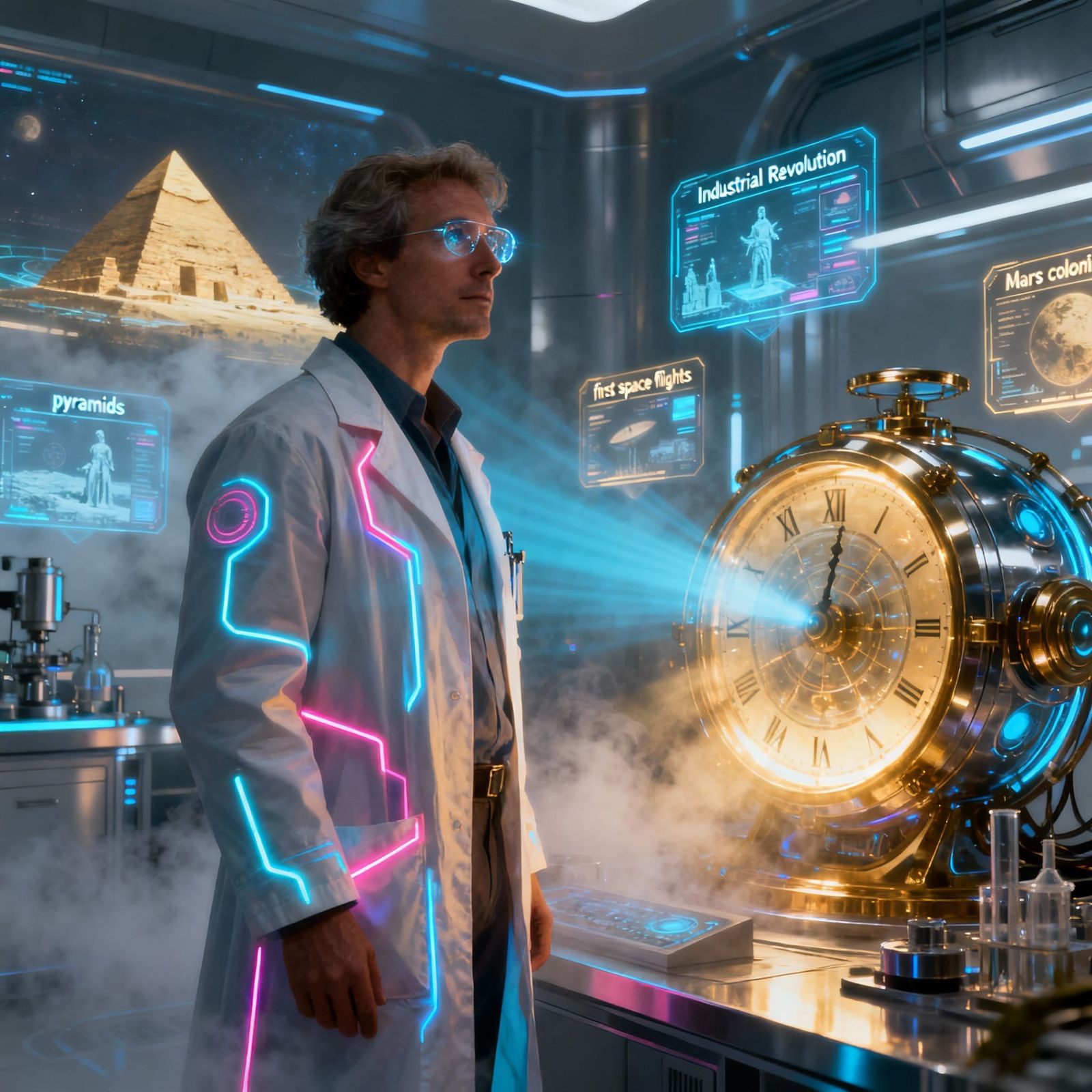 Futuristic Scientist and Glowing Time Machine
