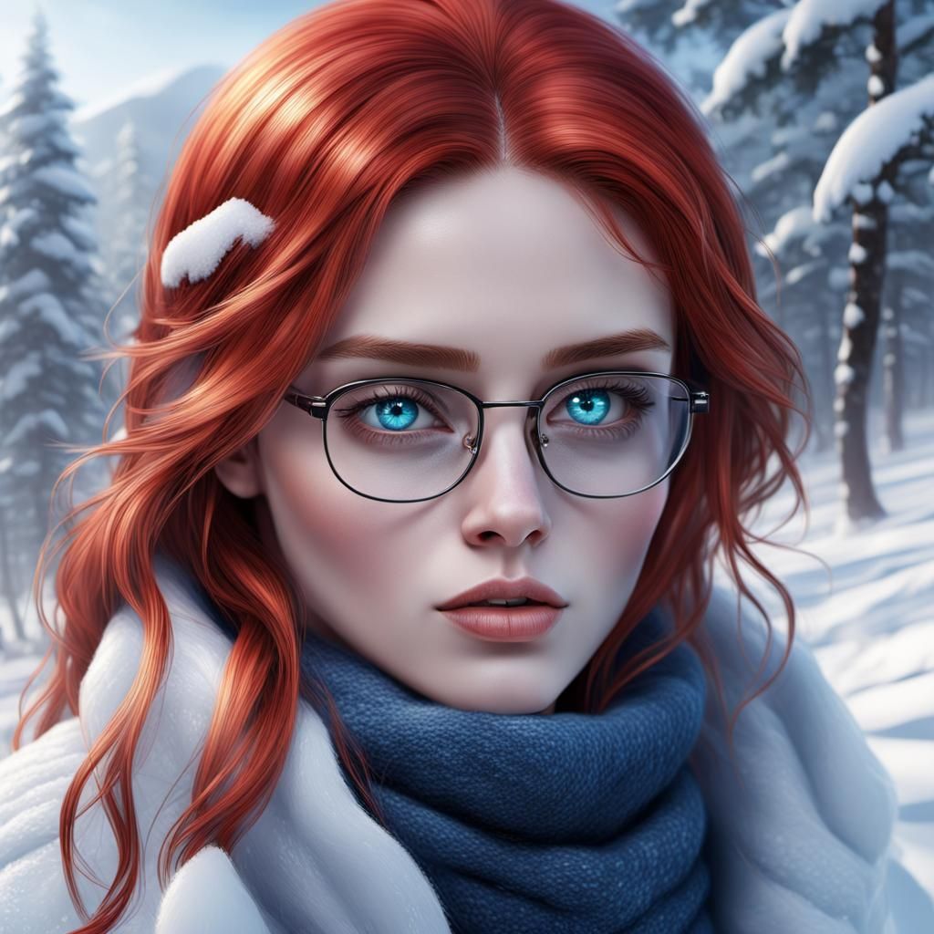 Red-Haired Girl with Blue Eyes in Winter Landscape