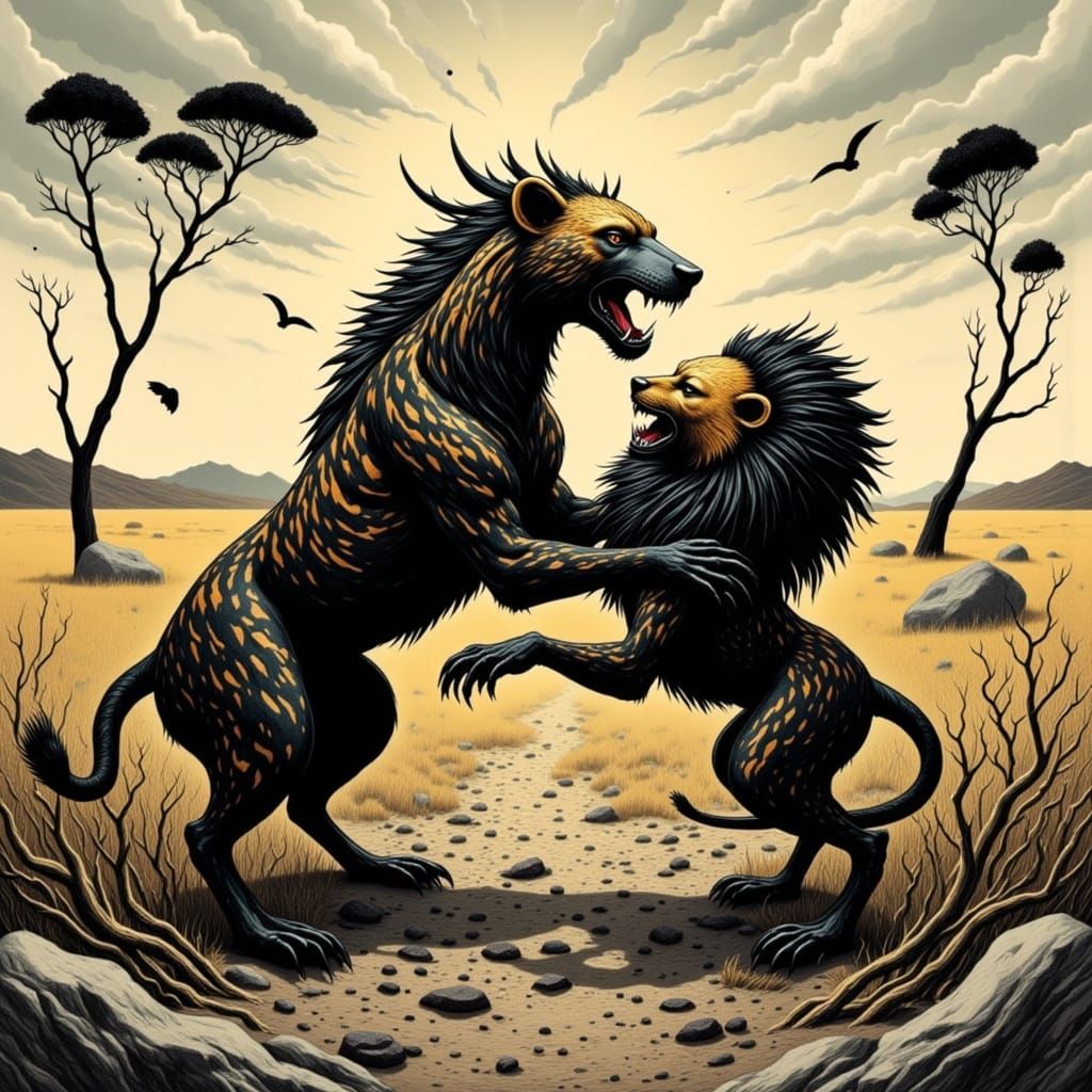 Surreal Battle of a Hyena and a Lion in a Vibrant Savanna La...