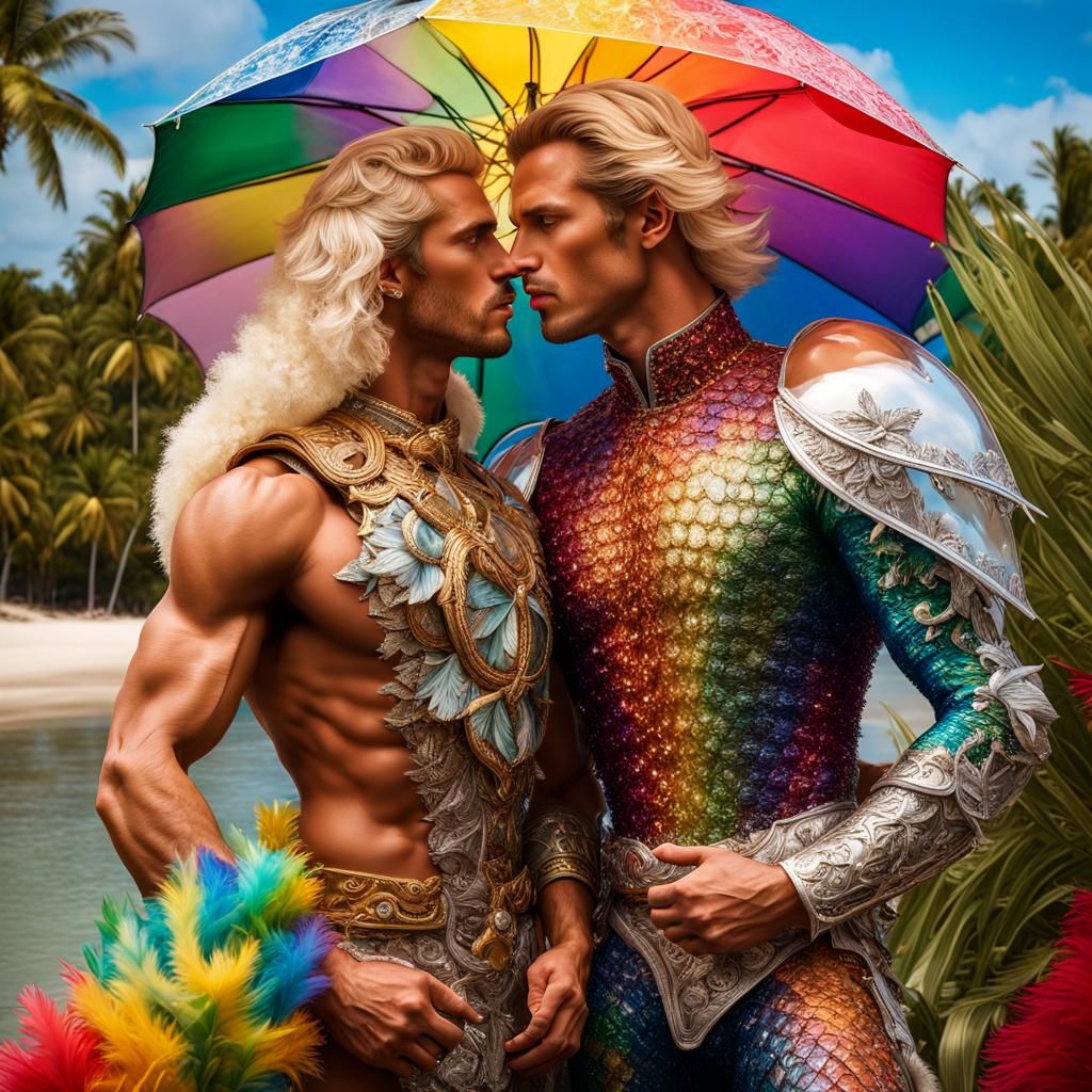 Hyperreal Kiss: Muscular Men in a Bioluminescent Scene