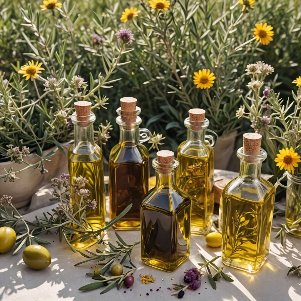 Olive Oil Bottles with Herbs in Summer Light