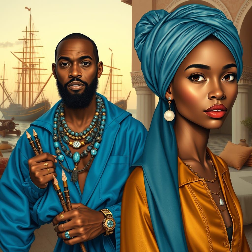 African Sailor in Vibrant Garb, Surrounded by Moroccan Splen...